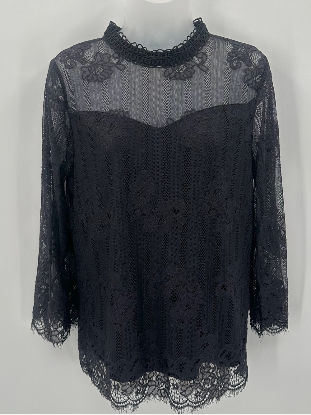NY Collection Blouse Womens M Black Lace Sheer Sleeve Goth Whimsigoth Romantic